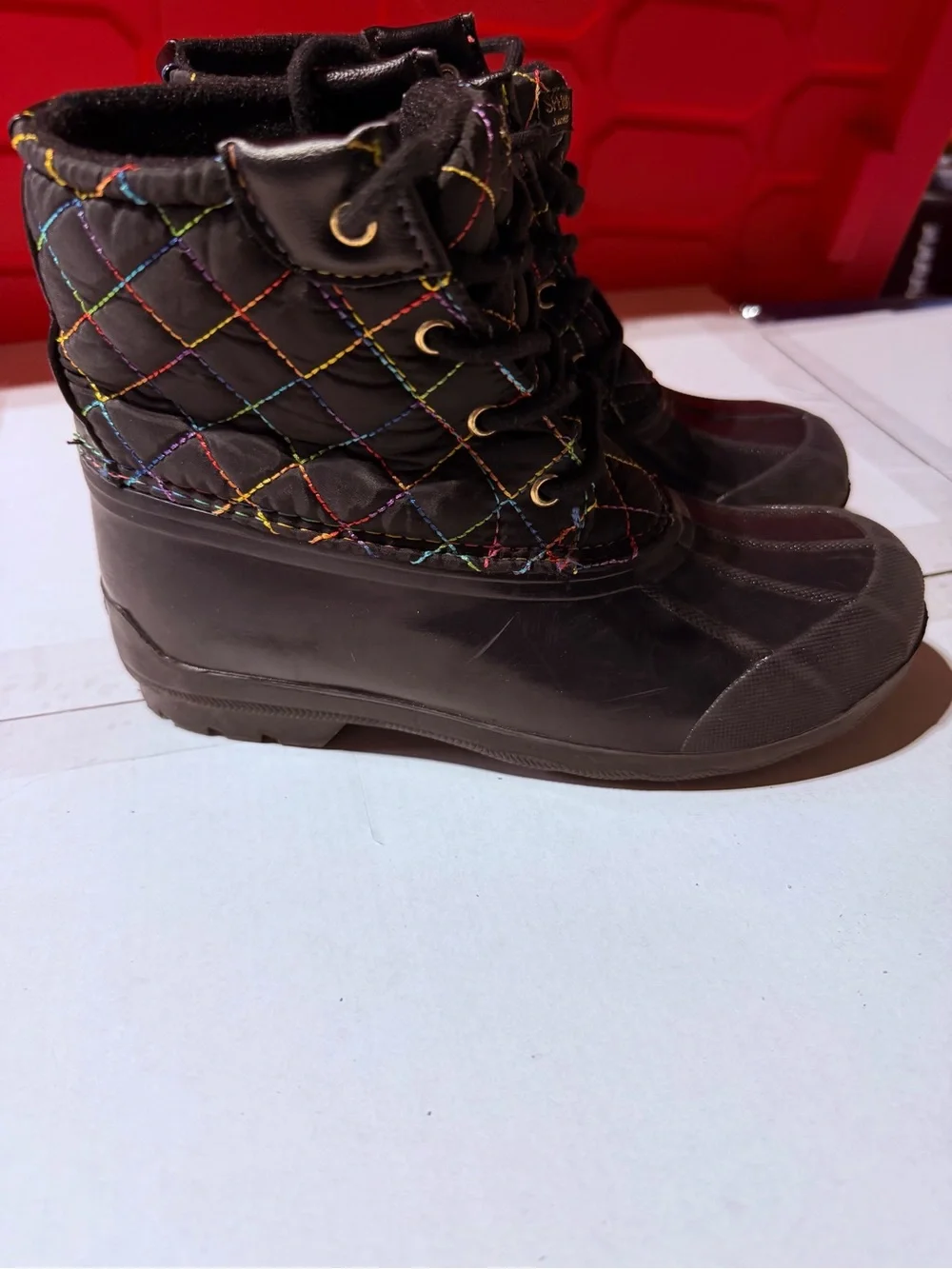 Sperry Kids Black Duck Boots with Multicolor Quilted Stitching